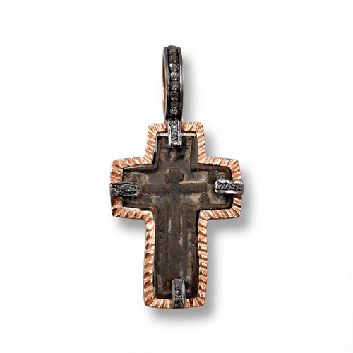 17th-18th century Christian cross pendant in rose gold-plated sterling silver with natural diamonds  on a white background -Tanya Telish fine jewelry