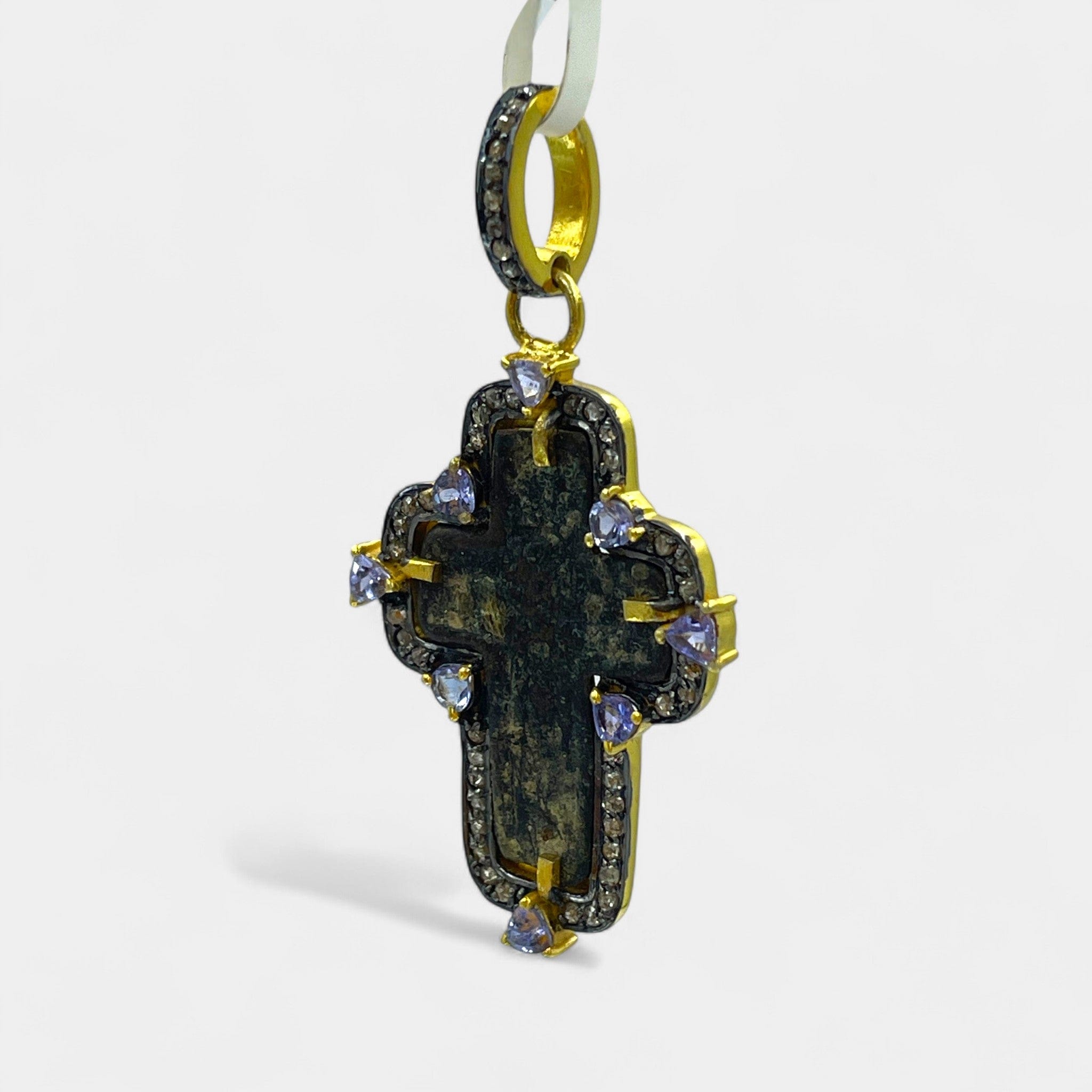 Left side view of handmade 24kt gold-plated silver pendant featuring 17th–18th century Russian Old Believers Christian cross with 57 natural diamonds 0.6ct and 1.04ct violet tanzanite – Tanya Telish heirloom jewelry