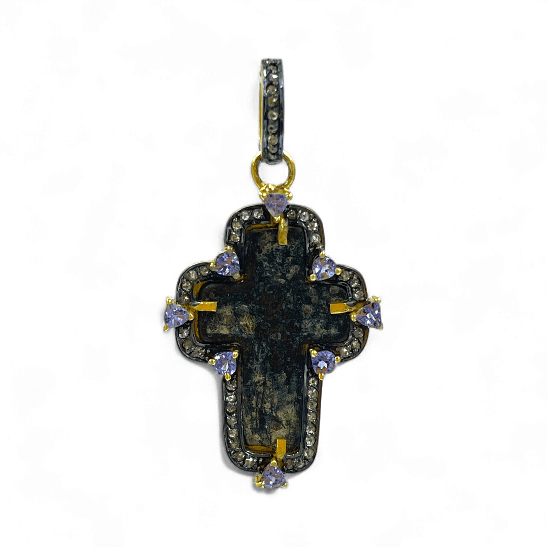 17th–18th century Russian Old Believers Christian cross pendant in 24kt gold-plated sterling silver with 57 natural diamonds 0.6ct and 1.04ct violet tanzanite – Tanya Telish
