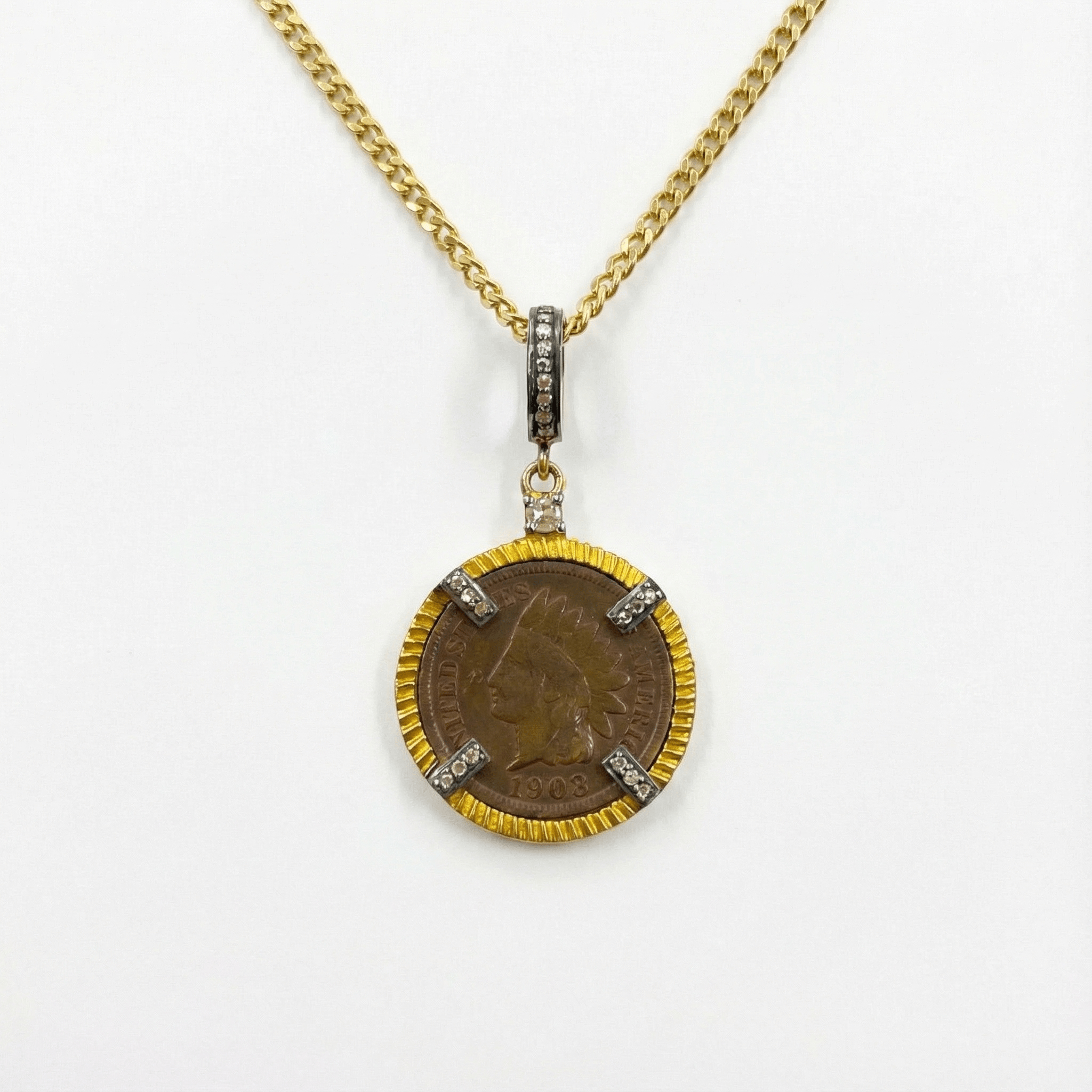 1903 Indian Head Penny pendant in 24kt gold-plated sterling silver with 24 natural diamonds 0.34ct – authentic vintage U.S. copper coin with Liberty profile on gold chain – Tanya Telish