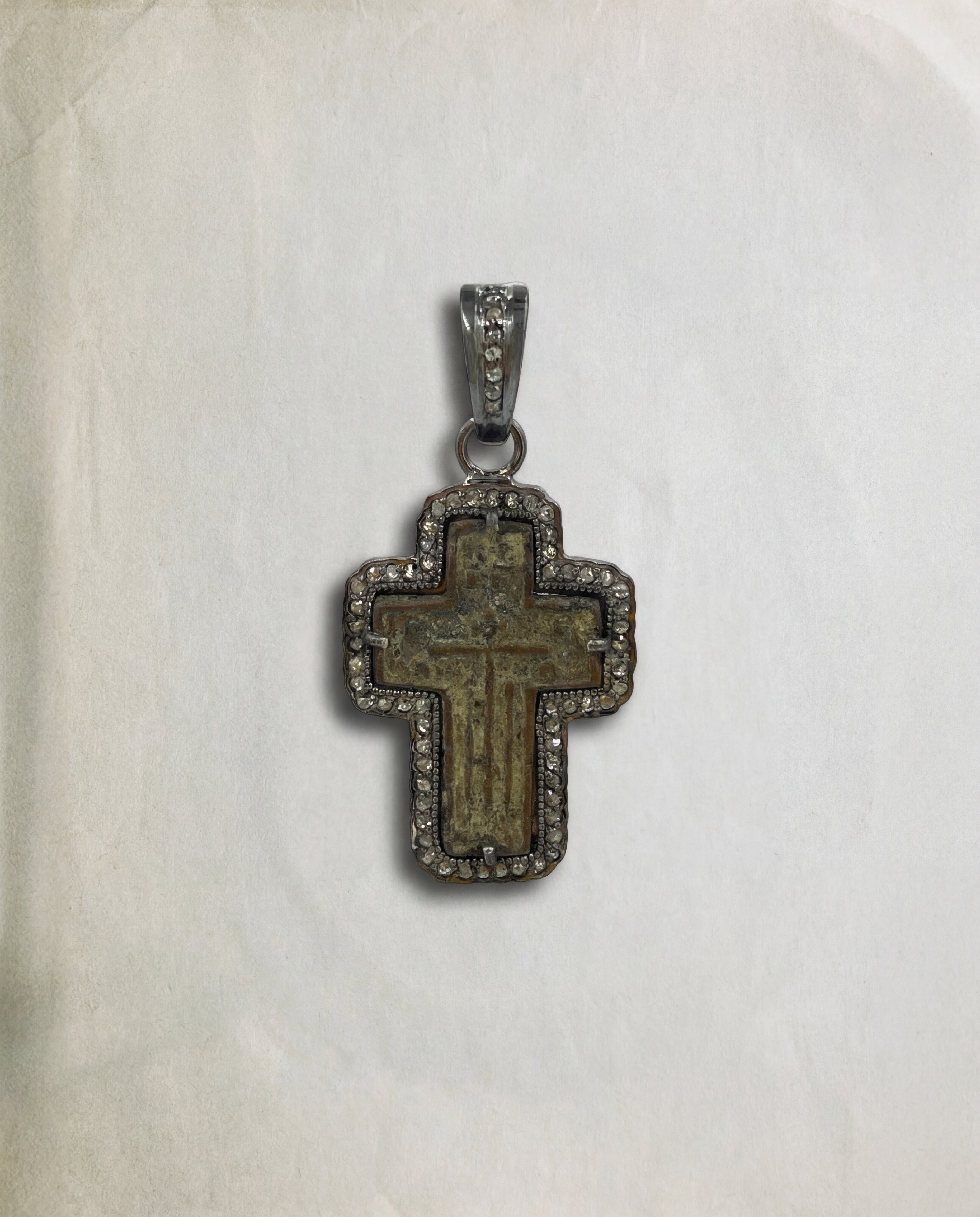 main view of handmade oxidized sterling silver pendant featuring 17th–18th century Russian Old Believers Orthodox cross with 69 natural diamonds 0.73ct – Tanya Telish heirloom jewelry