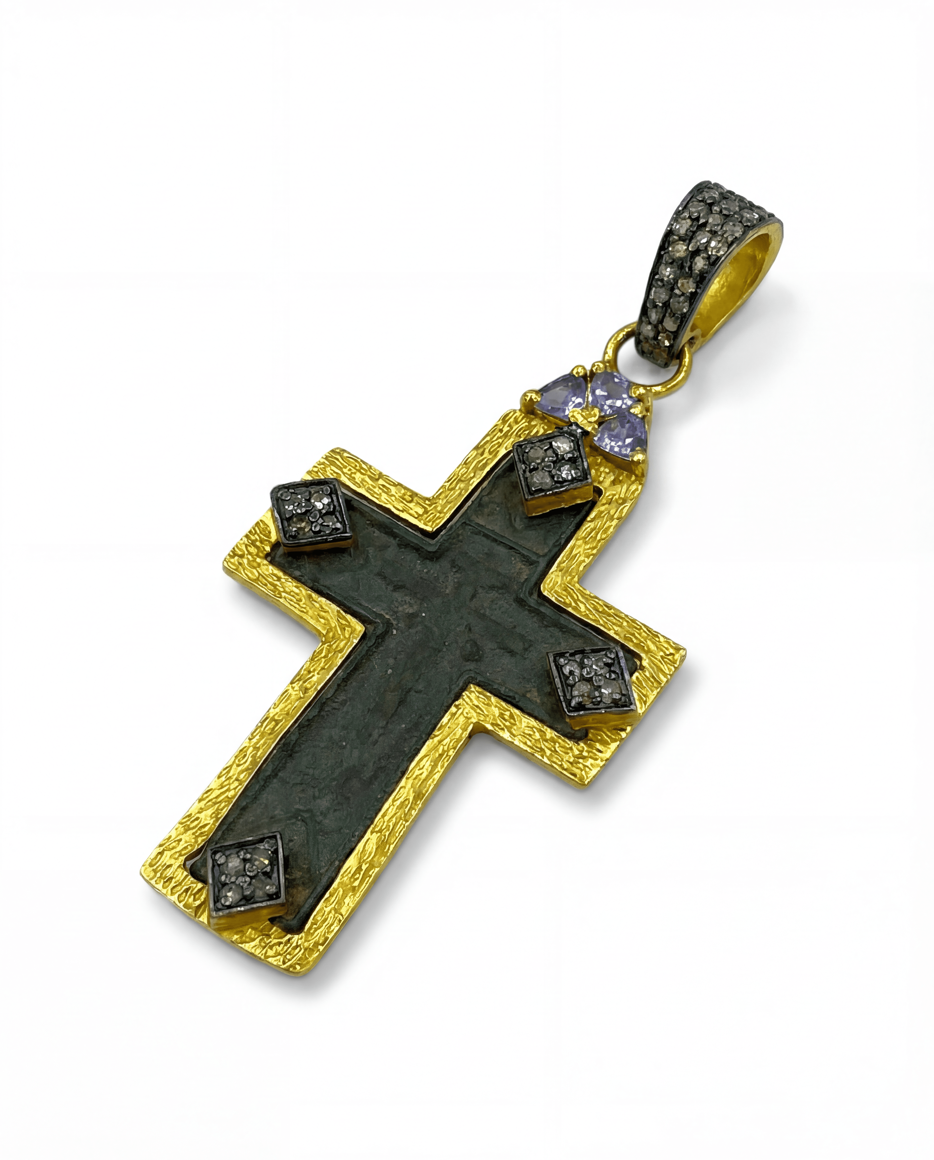 Detail of violet tanzanite (0.33ct) and 43 natural diamonds (0.39ct total) on antique Russian Old Believers cross pendant in 24kt gold-plated silver
