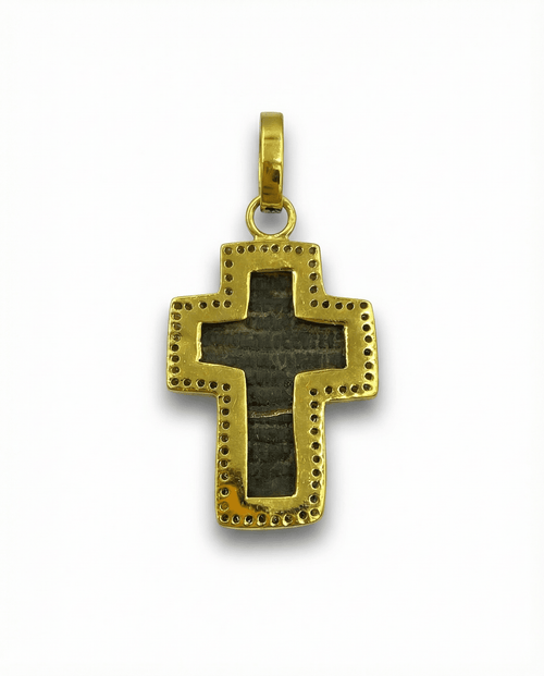 Reverse of late 17th–18th century Russian baptismal cross pendant with Cyrillic prayer inscription, 24kt gold-plated sterling silver frame and 82 natural diamonds 0.80ct