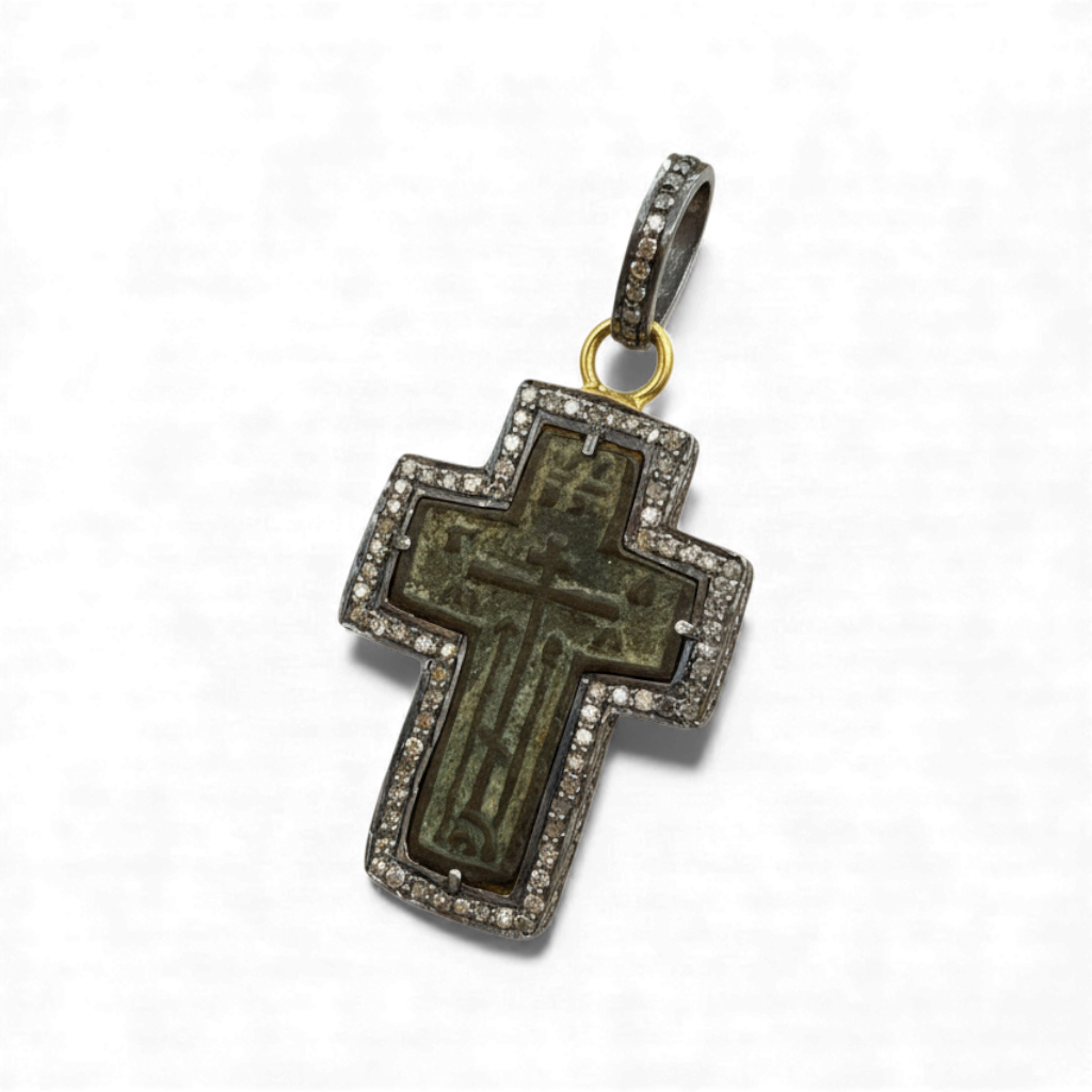 Antique Late 17th–18th century Russian Old Believers baptismal cross pendant in 24kt gold-plated sterling silver with 82 natural diamonds 0.80ct and visible patina.