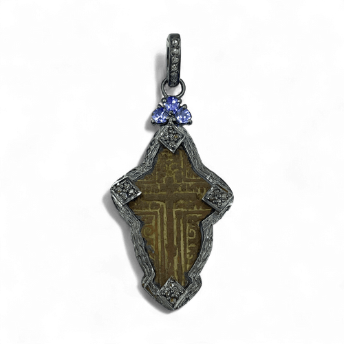 17th–18th century Russian Old Believers baptismal cross pendant in oxidized sterling silver with 0.30ct natural diamonds and 0.39ct violet tanzanite – Tanya Telish

