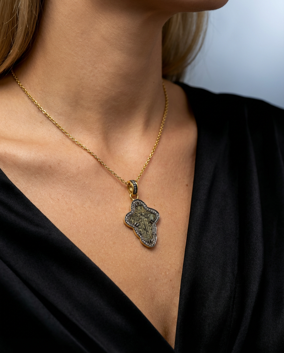 Antique late 17th–18th century Russian Orthodox baptismal cross in 24kt gold-plated silver frame with aged copper patina and 0.65ct diamonds