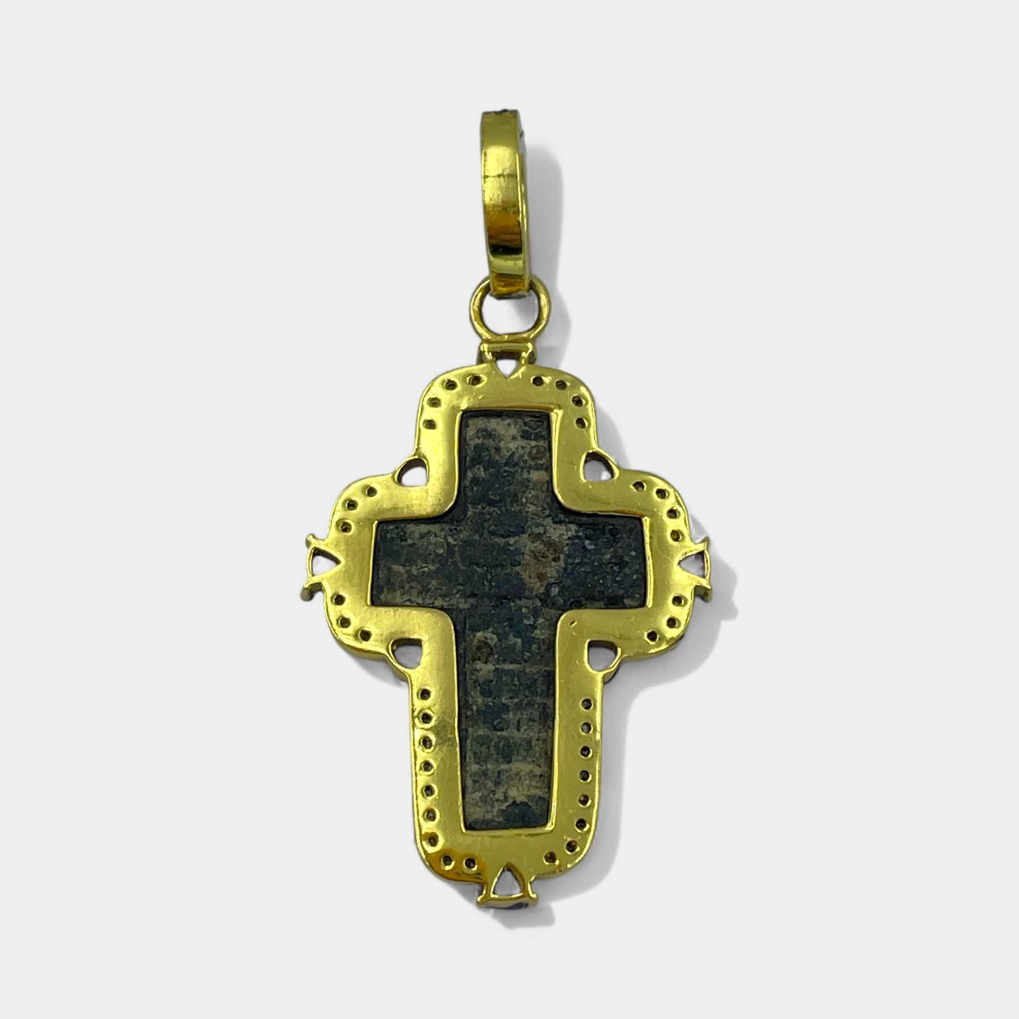 Reverse of 17th–18th century Russian Old Believers cross pendant with Cyrillic prayer inscription, 24kt gold-plated sterling silver frame, 57 natural diamonds 0.6ct and 1.04ct violet tanzanite