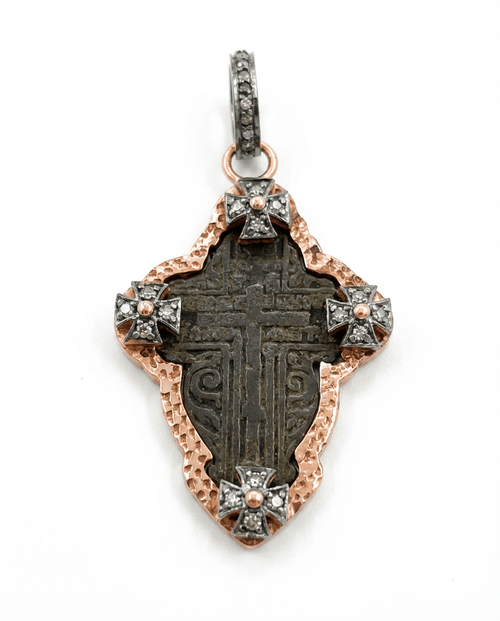Detail of 27 natural diamonds (0.44ct total) on antique Russian Old Believers Orthodox Christian cross necklace in rose gold-plated sterling silver