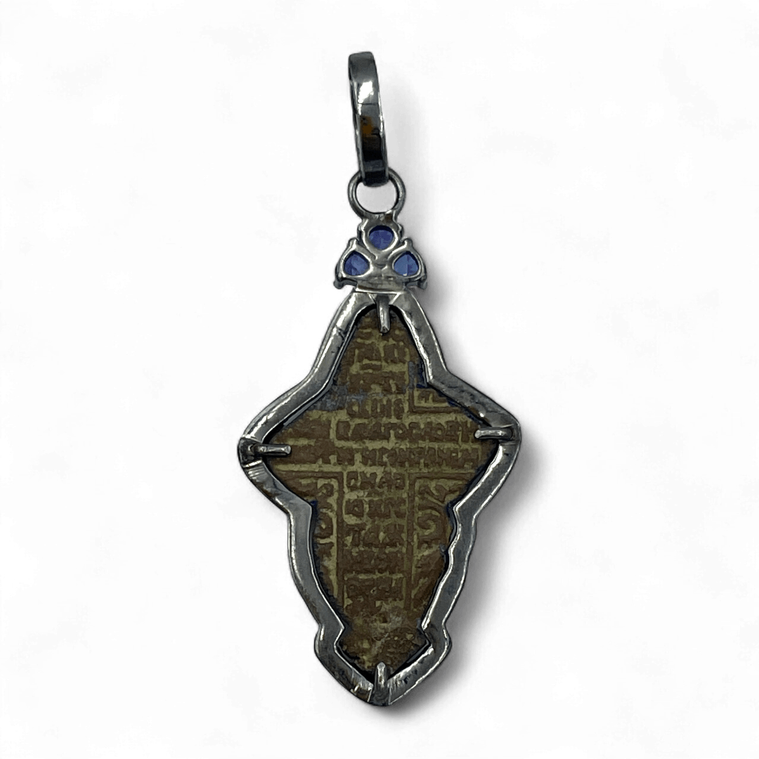 Reverse of 17th–18th century Russian baptismal cross pendant with Cyrillic prayer inscription, oxidized sterling silver, natural diamonds and violet tanzanite drops
