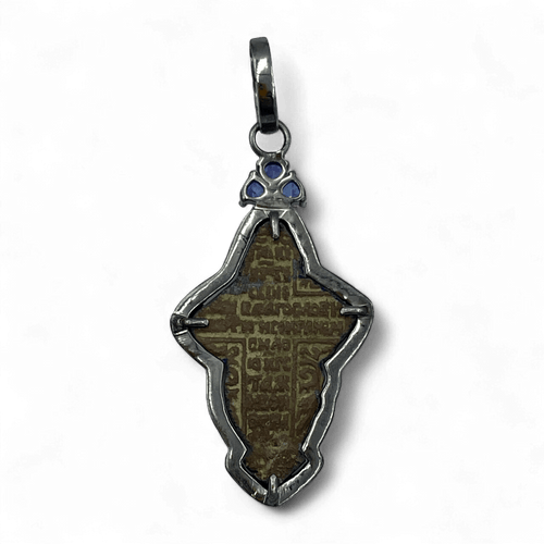 Reverse of 17th–18th century Russian baptismal cross pendant with Cyrillic prayer inscription, oxidized sterling silver, natural diamonds and violet tanzanite drops