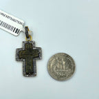 Cross pendant with detail of 82 natural diamonds (0.80ct total) on antique Russian Old Believers cross pendant in 24kt gold-plated sterling silver next to a U.S. quarter on a light blue background