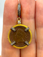 Antique 1903 Indian Head cent reborn as pendant in 24kt gold-plated sterling silver frame with historical copper patina and 0.34ct natural diamonds (24 stones) held between fingers