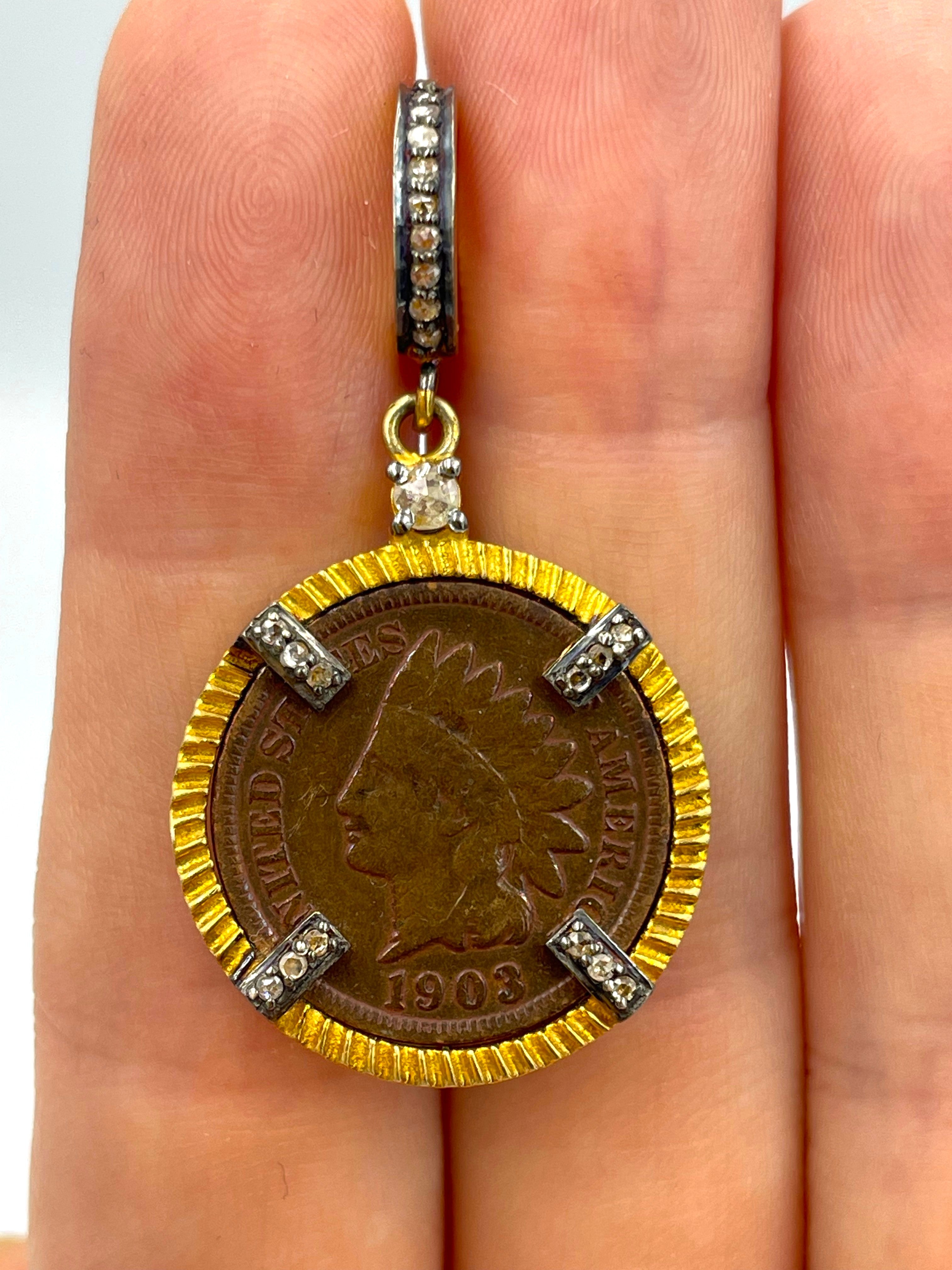 Antique 1903 Indian Head cent reborn as pendant in 24kt gold-plated sterling silver frame with historical copper patina and 0.34ct natural diamonds (24 stones) held between fingers