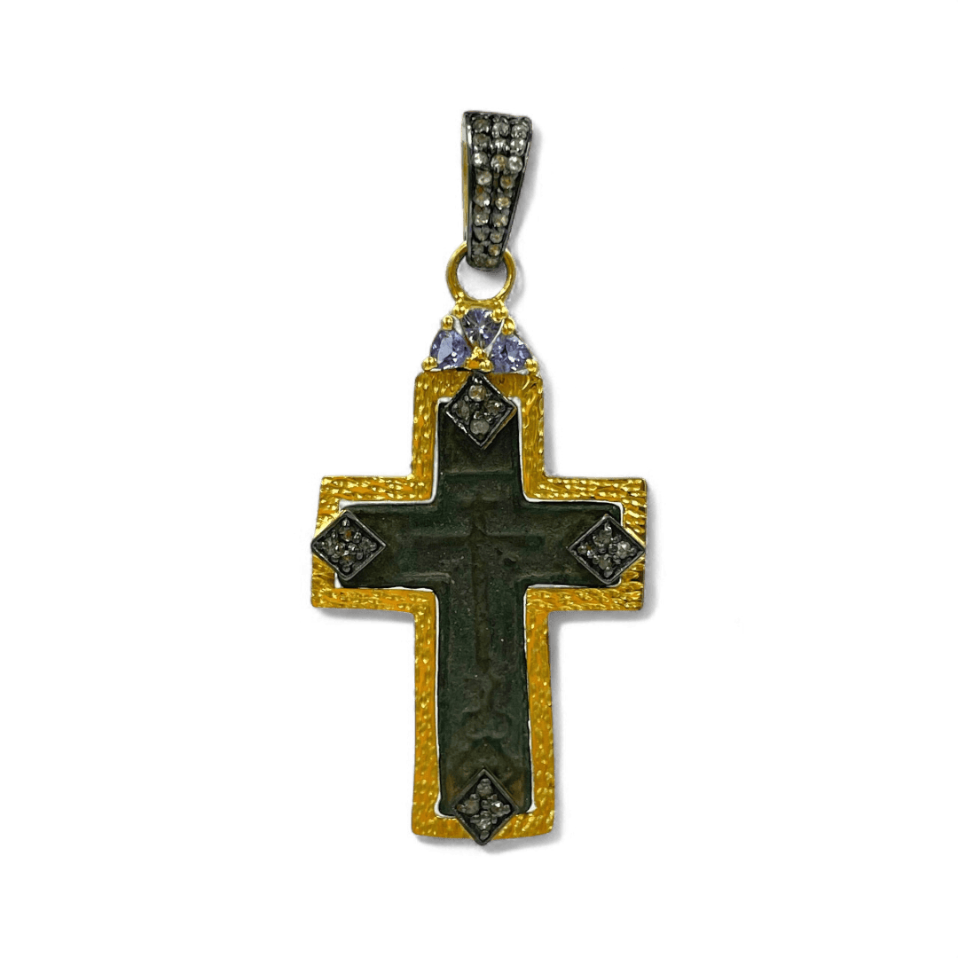Late 17th–18th century Russian Old Believers baptismal cross pendant in 24kt gold-plated sterling silver with 0.39ct natural diamonds and 0.33ct violet tanzanite – Tanya Telish



