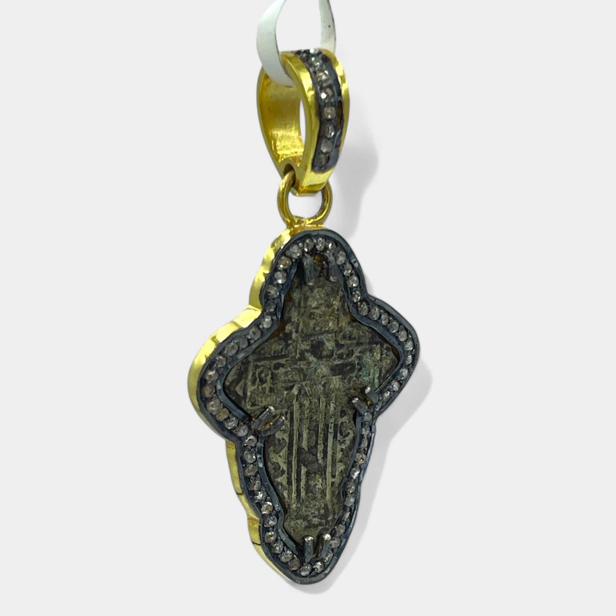 Right side view of handmade 24kt gold-plated silver pendant featuring late 17th–18th century Russian Old Believers cross with 0.65ct diamonds – Tanya Telish heirloom jewelry


