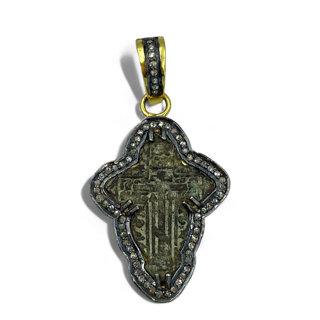 Late 17th–18th century Russian Old Believers baptismal cross pendant in 24kt gold-plated sterling silver with 0.65ct natural diamonds – Tanya Telish

