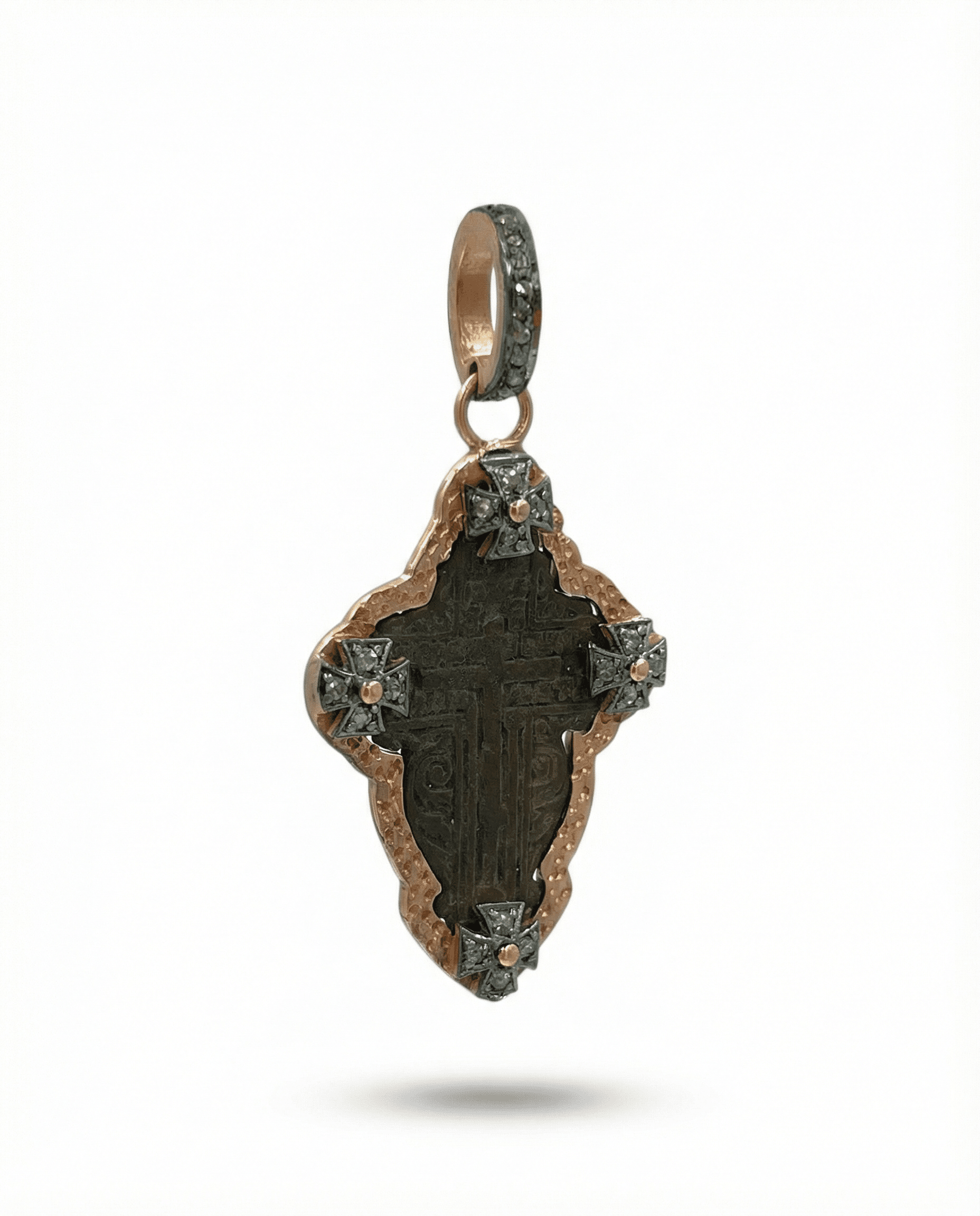 Left side view of handmade rose gold-plated silver pendant featuring 17th–18th century Russian Old Believers Orthodox Christian cross with 27 natural diamonds 0.44ct – Tanya Telish heirloom jewelry