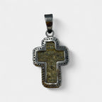 Reverse of 17th–18th century Russian Old Believers Orthodox cross pendant with Cyrillic prayer inscription, oxidized sterling silver frame and 69 natural diamonds 0.73ct