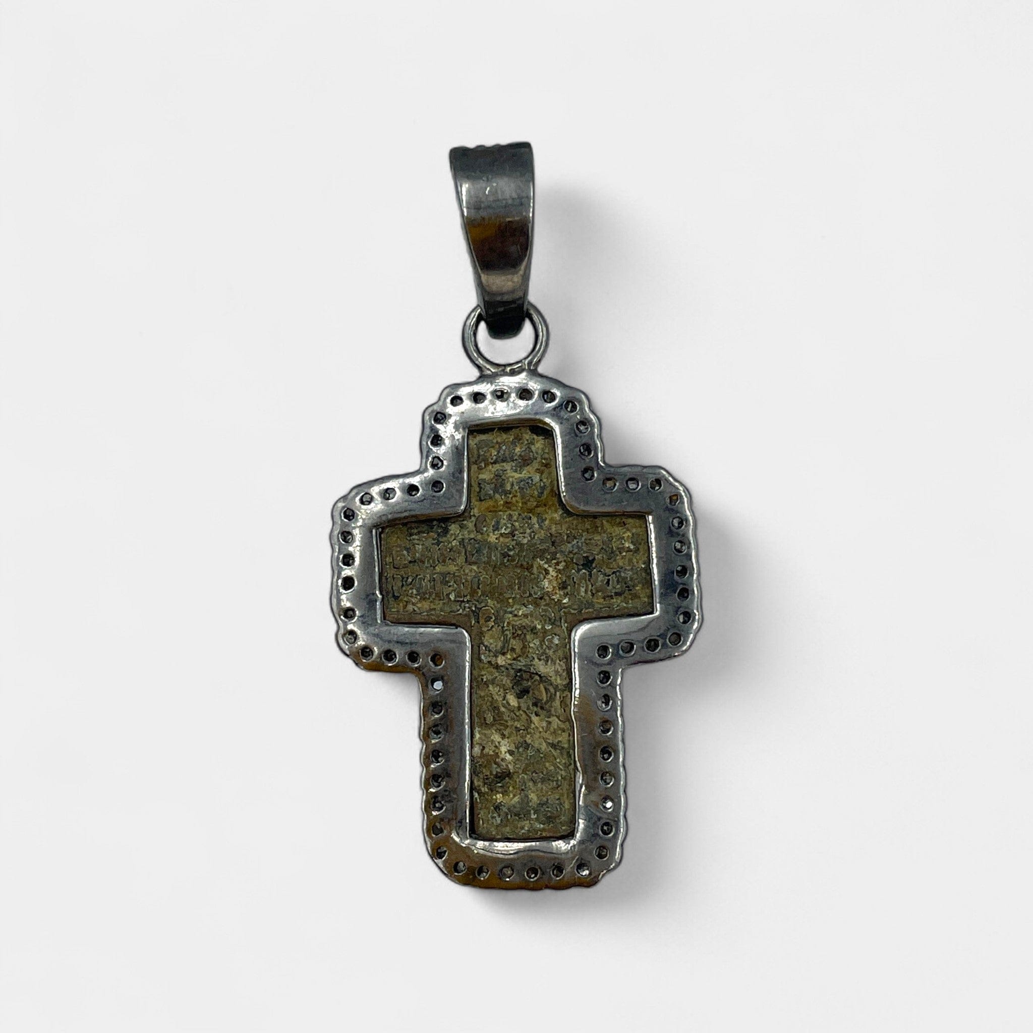 Reverse of 17th–18th century Russian Old Believers Orthodox cross pendant with Cyrillic prayer inscription, oxidized sterling silver frame and 69 natural diamonds 0.73ct