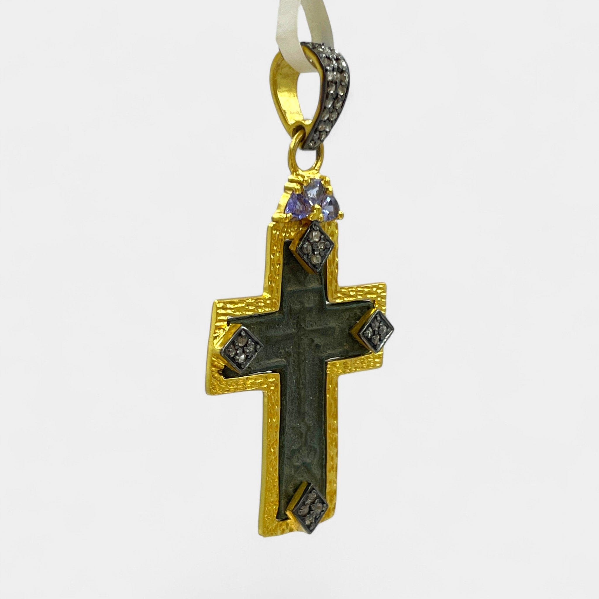 Right side view of handmade 24kt gold-plated silver pendant featuring late 17th–18th century Russian Old Believers cross with 0.39ct diamonds and 0.33ct violet tanzanite – Tanya Telish heirloom jewelry

