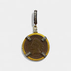 Close-up of authentic 1903 Indian Head Penny obverse with Lady Liberty in feathered headdress and original copper patina, set in 24kt gold-plated sterling silver with natural diamond accents on a white background