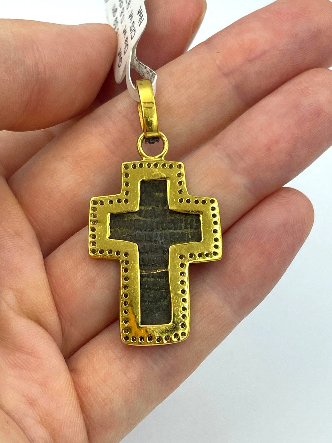 Reverse of late 17th–18th century Russian baptismal cross pendant with Cyrillic prayer inscription, 24kt gold-plated sterling silver frame and 82 natural diamonds 0.80ct