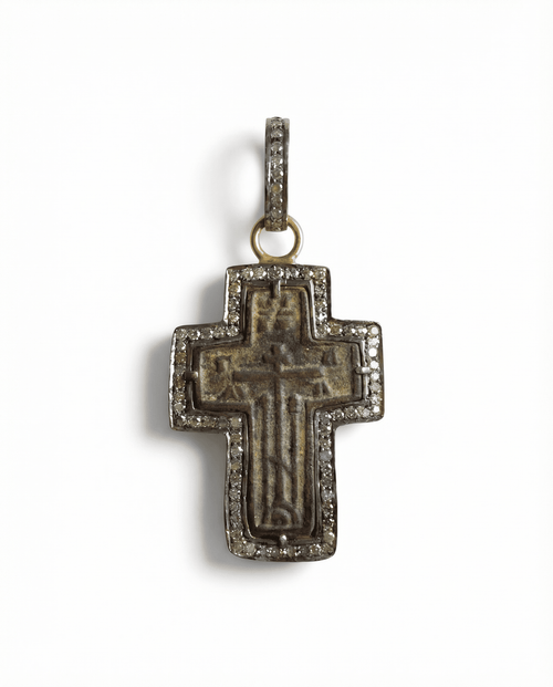 Late 17th–18th century Russian Old Believers baptismal cross pendant in 24kt gold-plated sterling silver with 82 natural diamonds 0.80ct on white background