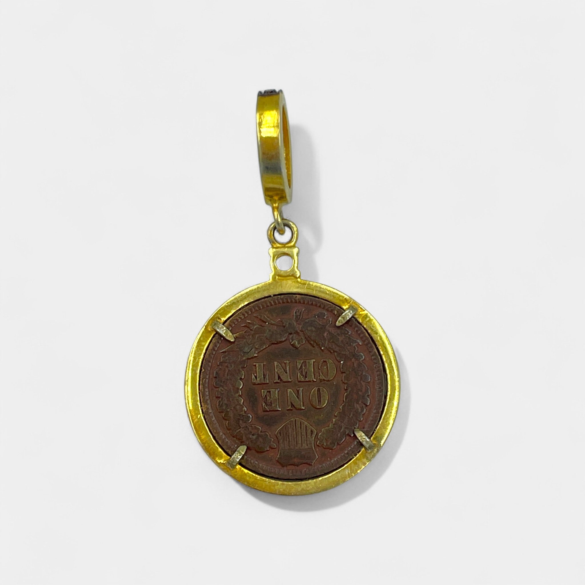 Reverse of 1903 Indian Head Penny pendant showing oak wreath and shield, framed in 24kt gold-plated sterling silver with 24 natural diamonds 0.34ct