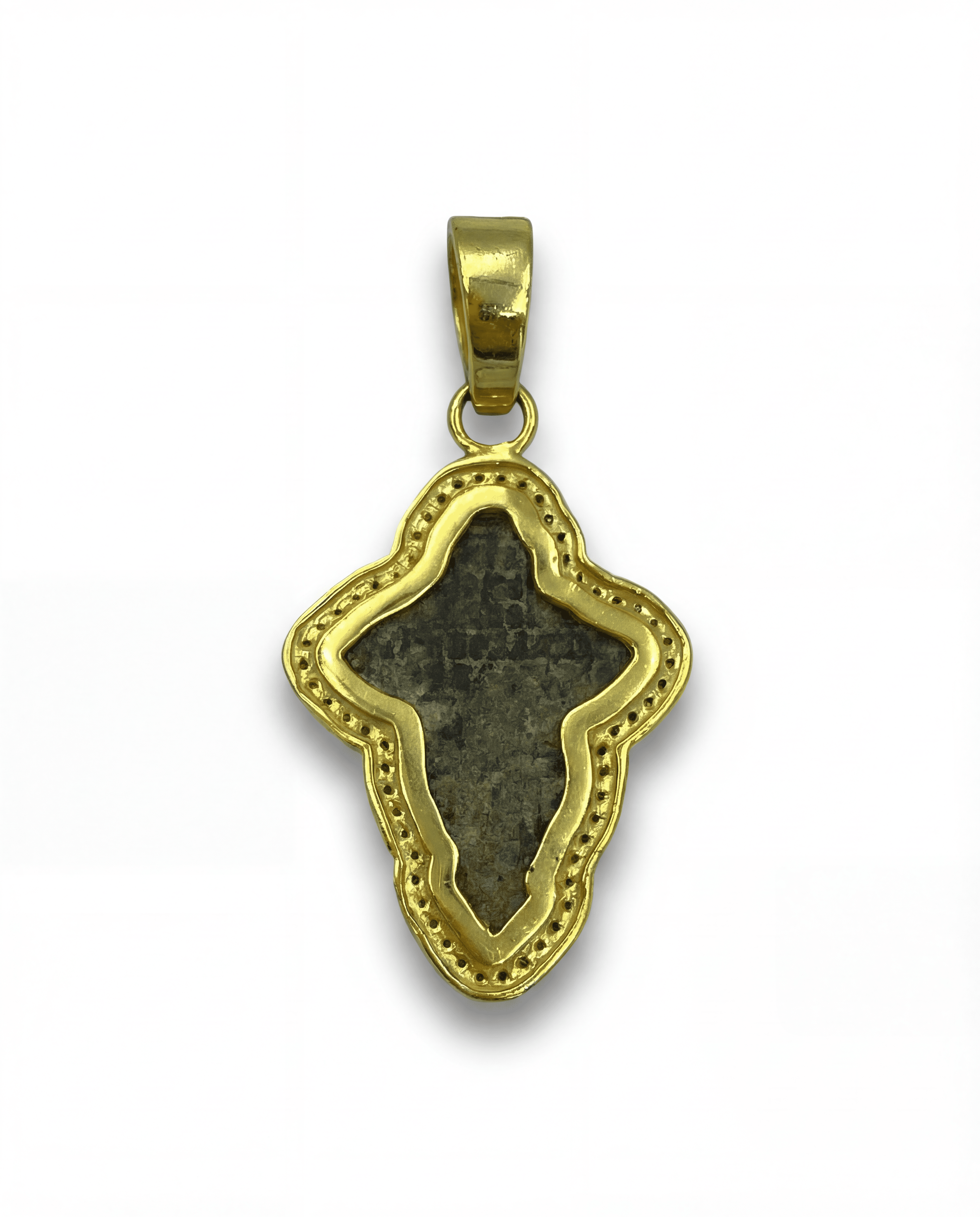 Reverse of late 17th–18th century Russian baptismal cross pendant with Cyrillic prayer inscription, 24kt gold-plated sterling silver, and 0.65ct natural diamonds
