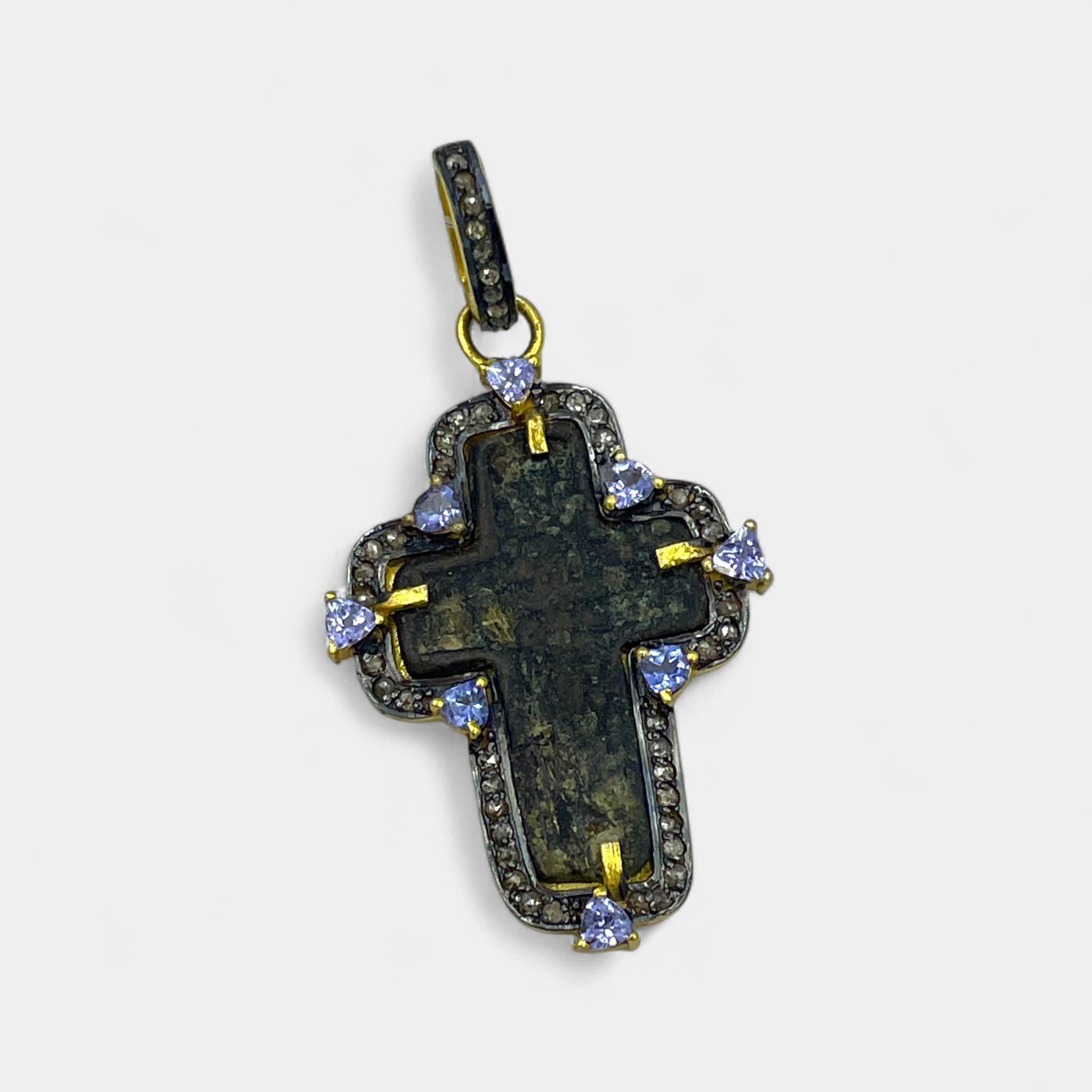 Side view of handmade 24kt gold-plated silver pendant featuring 17th–18th century Russian Old Believers Christian cross with 57 natural diamonds 0.6ct and 1.04ct violet tanzanite – Tanya Telish heirloom jewelry—an elegant piece inspired by Orthodox tradition.