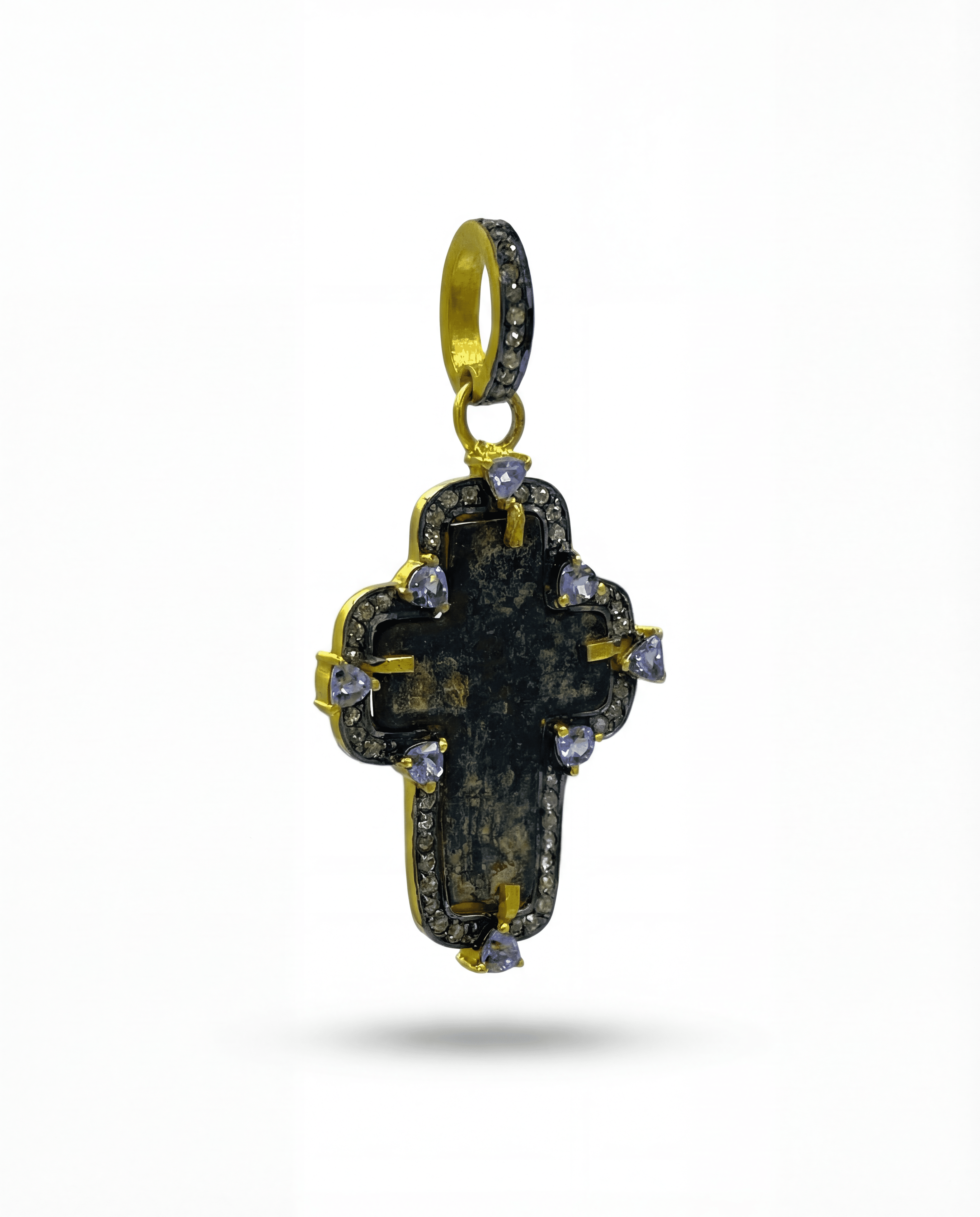 Right side view of handmade 24kt gold-plated silver pendant featuring 17th–18th century Russian Old Believers Christian cross with 57 natural diamonds 0.6ct and 1.04ct violet tanzanite – Tanya Telish heirloom jewelry