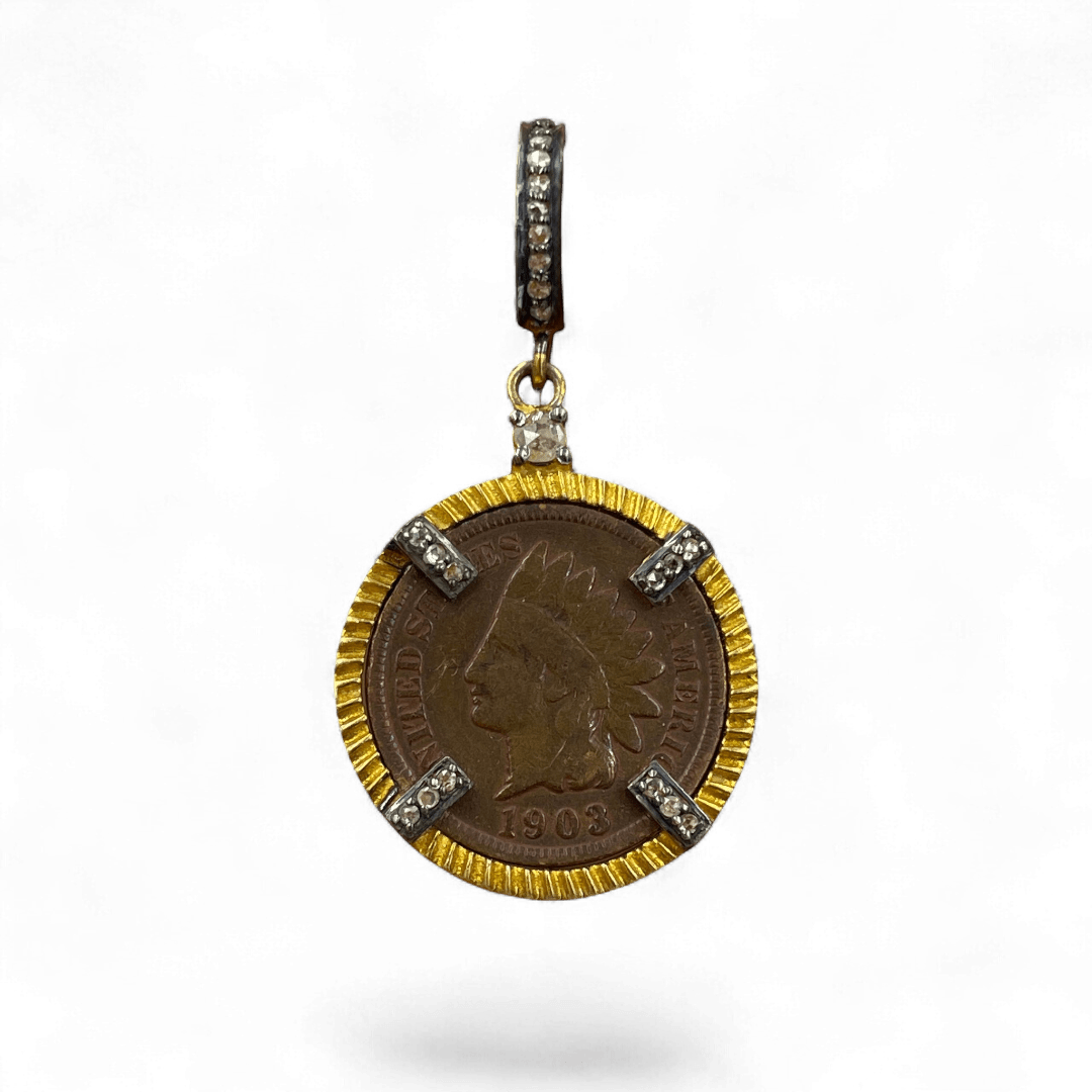 1903 Indian Head Penny pendant in 24kt gold-plated sterling silver with 24 natural diamonds 0.34ct – authentic vintage U.S. copper coin with Liberty profile – Tanya Telish