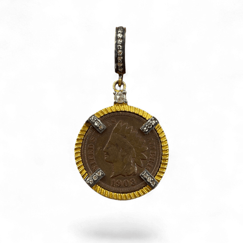 1903 Indian Head Penny pendant in 24kt gold-plated sterling silver with 24 natural diamonds 0.34ct – authentic vintage U.S. copper coin with Liberty profile – Tanya Telish