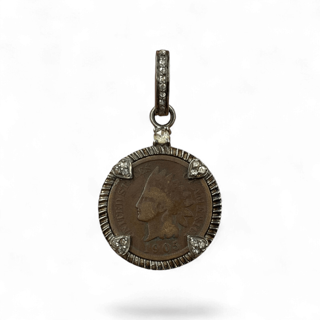 1905 Indian Head Penny pendant in sterling silver with 24 natural diamonds 0.36ct – authentic vintage U.S. copper coin with Liberty profile – Tanya Telish